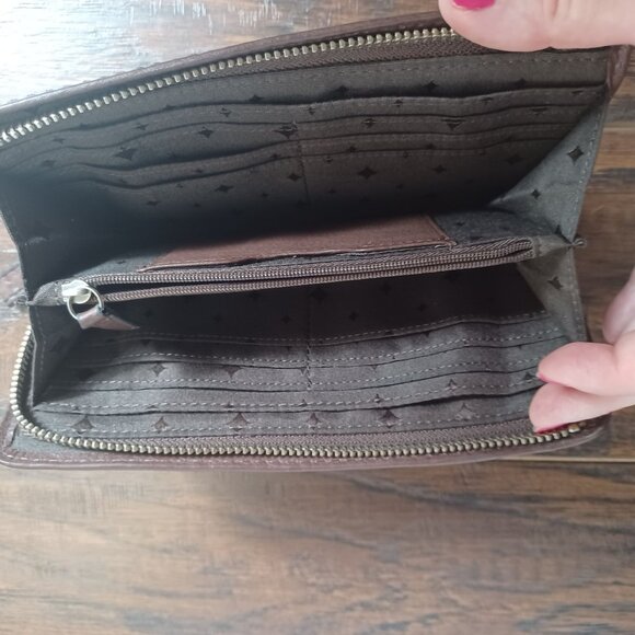 Fossil Wallet Womens Brown Leather Canvas Geometric Zip ID Card Coin - Picture 6 of 10